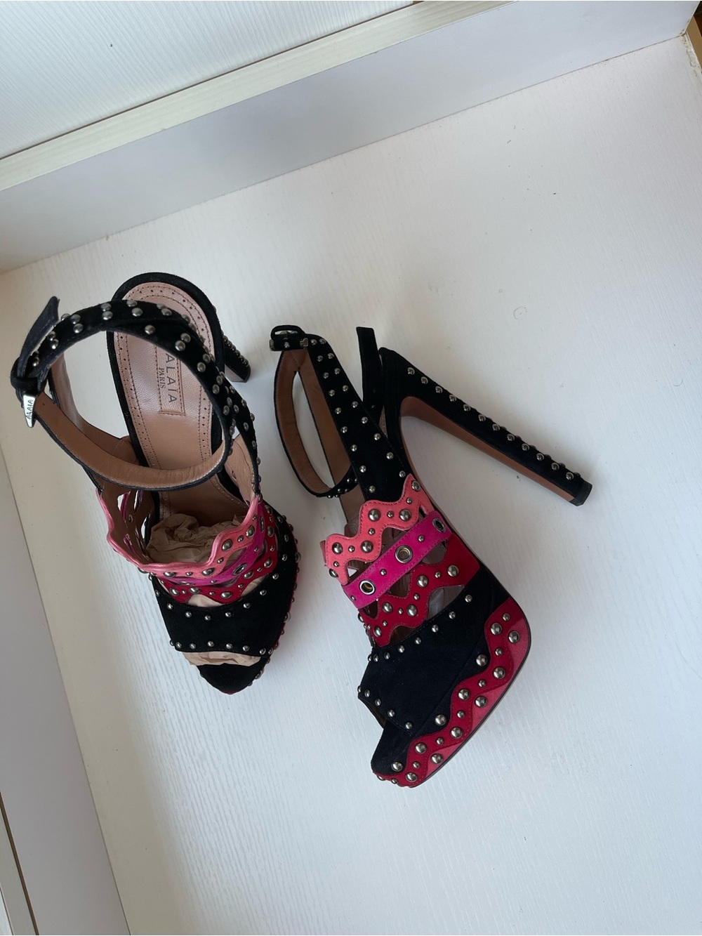 Alaia Black, Pink and Red Scalloped Studded Platform Sandals - Picture 2 of 12